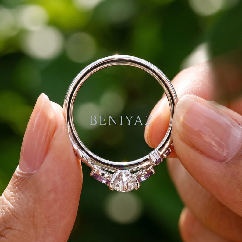 Rear view of Dutch marquise lab grown diamond engagement ring showing comfort fit band and open botanical setting.