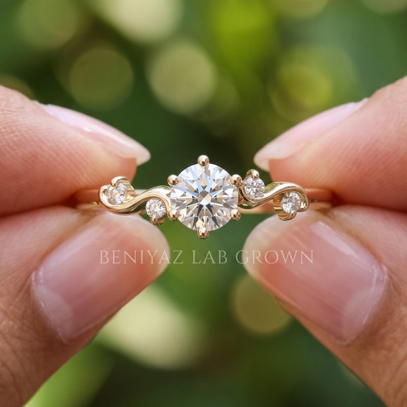 Lab Grown Diamond Engagement Ring 0.25 CT Round Cut Ring Nature Inspired Vine Swirl Dainty Gold Promise Ring Unique Rose Gold Ring