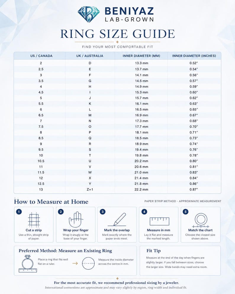 Ring size guide chart with international ring measurements for choosing the correct engagement ring size