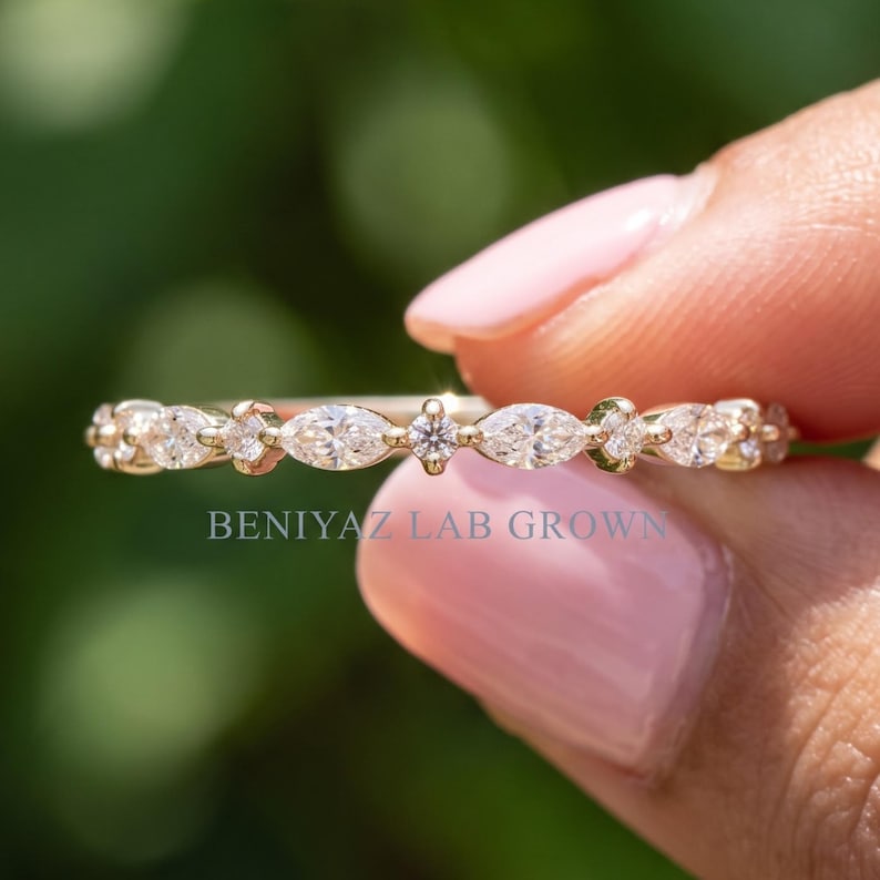 Dainty Wedding Band for Women East West Marquise and Round Lab Grown Diamond Ring Thin Half Eternity Stacking Ring 14K Gold or Platinum