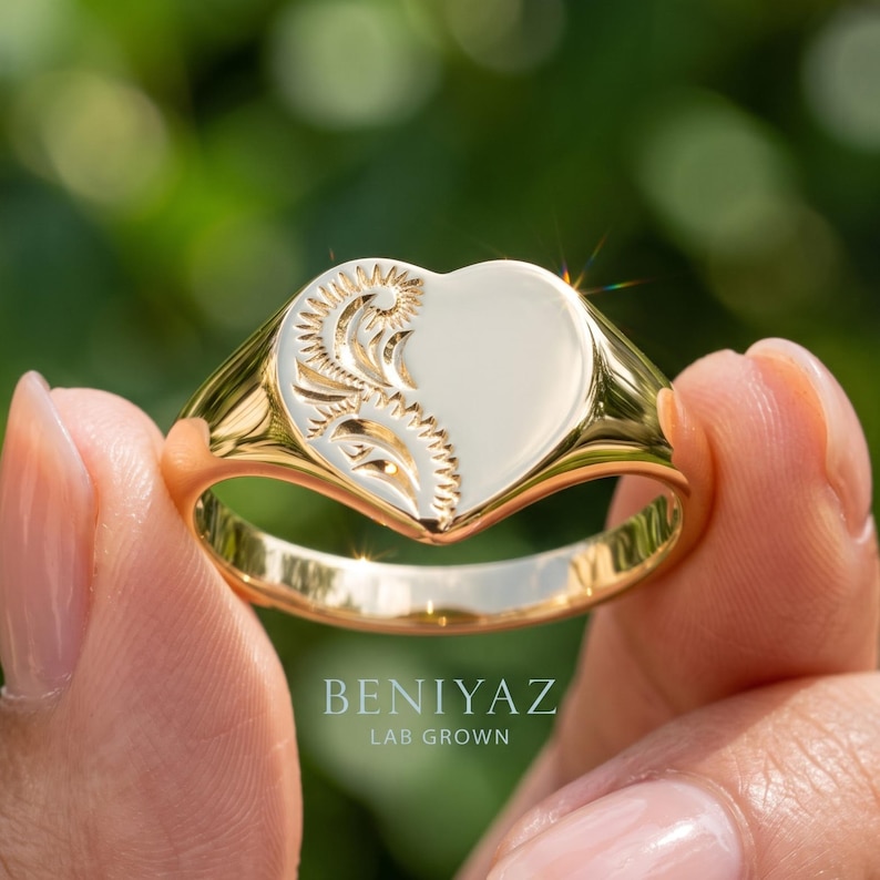 Heart Signet Ring for Women, Vintage Engraved Signet