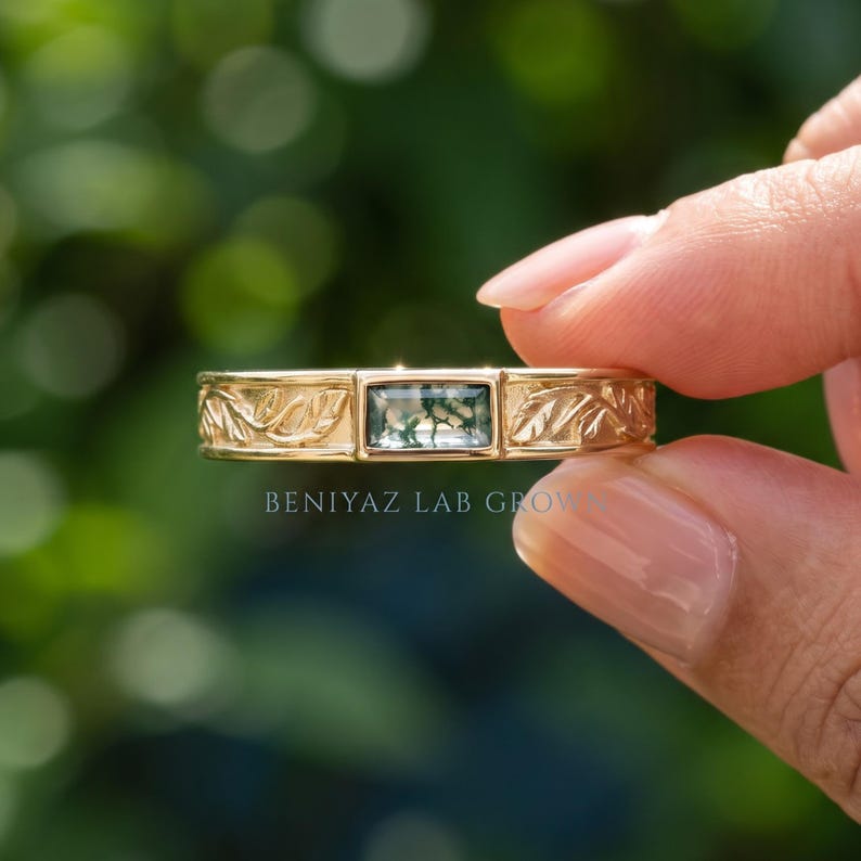 Moss Agate Ring, Leaf Engraved 5mm Wedding Band in Solid Gold or 925 Silver
