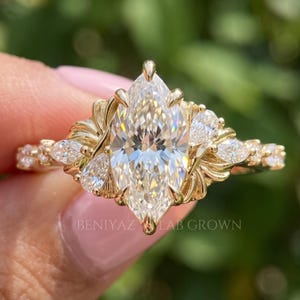 Marquise Diamond Ring, Lab Grown Diamond Engagement Ring, Art Deco Vintage Cluster Ring, 14K Solid Gold Unique Statement Ring image 5