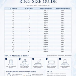 BENIYAZ ring size guide showing US and international ring size conversions, diameter measurements and at home ring sizing instructions.