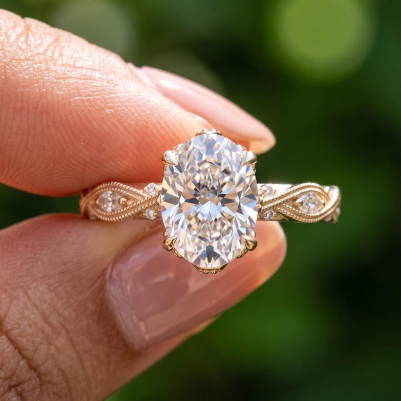 Hand wearing a vintage oval lab grown diamond engagement ring in rose gold with marquise accent stones and detailed milgrain band design