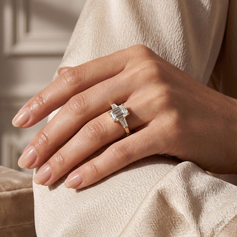 Lifestyle hand wearing an emerald cut three stone lab grown diamond engagement ring with geometric side stones and classic gold setting