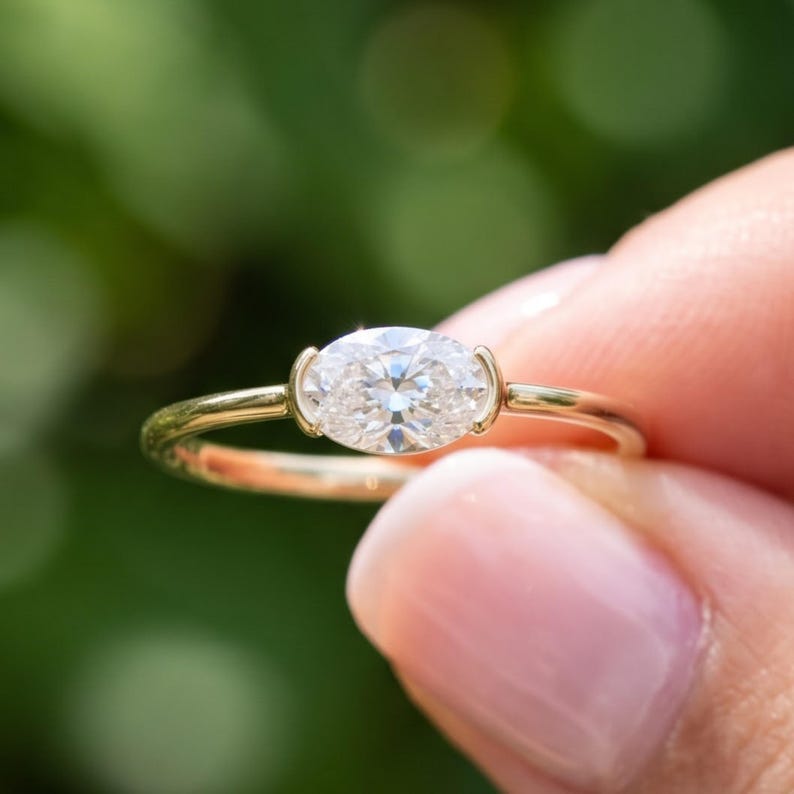East West Ring, Oval Lab Grown Diamond Bezel Ring