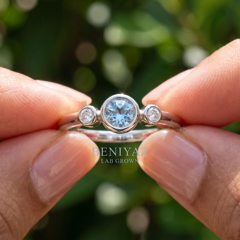 Blue Gemstone Three Stone Ring, Natural Diamond Bezel Ring