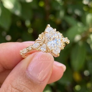 Marquise Diamond Ring, Lab Grown Diamond Engagement Ring, Art Deco Vintage Cluster Ring, 14K Solid Gold Unique Statement Ring image 2