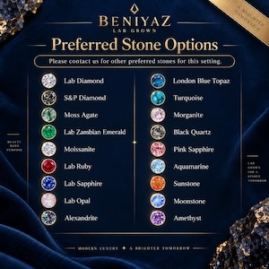 Puede incluir: Una tabla de Beniyaz Lab Grown titulada Preferred Stone Options que enumera veinte piedras preciosas circulares, incluyendo Lab Diamond, S&P Diamond, Moss Agate, Lab Zambian Emerald, Moissanite, Lab Ruby, Lab Sapphire, Lab Opal, Alexandrite, London Blue Topaz, Turquoise, Morganite, Black Quartz, Pink Sapphire, Aquamarine, Sunstone, Moonstone y Amethyst.