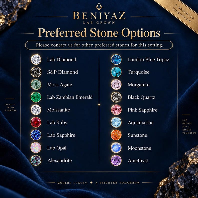 Puede incluir: Una tabla de Beniyaz Lab Grown titulada Preferred Stone Options que enumera veinte piedras preciosas circulares, incluyendo Lab Diamond, S&P Diamond, Moss Agate, Lab Zambian Emerald, Moissanite, Lab Ruby, Lab Sapphire, Lab Opal, Alexandrite, London Blue Topaz, Turquoise, Morganite, Black Quartz, Pink Sapphire, Aquamarine, Sunstone, Moonstone y Amethyst.