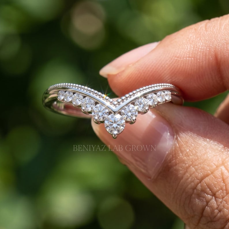 Moissanite Chevron Ring, Curved Wedding Band for Women