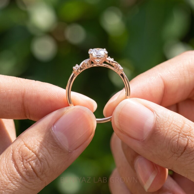 K&ouml;nnte beinhalten: Ein Ring aus Ros&eacute;gold mit einem zentralen, rund geschliffenen Stein in einer Krappenfassung. Die Ringschiene ist mit kleineren Steinen besetzt, die entlang der Schultern eingearbeitet sind und f&uuml;r ein filigranes Design sorgen.