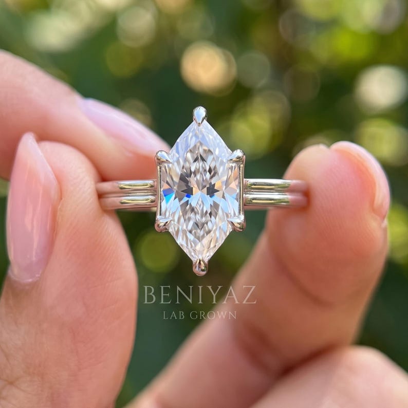 Dutch Marquise Ring Lab Grown Diamond Engagement Ring 1 to 4 Carat Six Prong Solitaire Double Band Solid Gold for Women