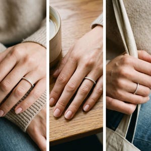 1. Lifestyle collage of a thin pave wedding band worn on hand, showing the 2mm stackable design from multiple wearing angles.
