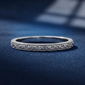 White gold slim scroll engraved stackable wedding band with vintage milgrain detail, minimalist bridal ring, elegant everyday band.