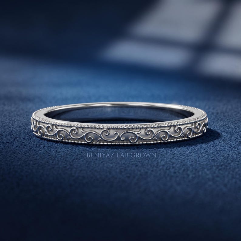 White gold slim scroll engraved stackable wedding band with vintage milgrain detail, minimalist bridal ring, elegant everyday band.