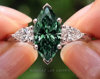 Green Diamond Ring, Marquise Engagement Ring, Lab Grown Diamond Statement Bridal Jewelry, Unique 14K Solid Gold Promise Gift