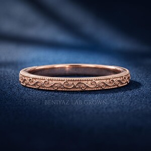 Rose gold vintage scroll engraved wedding band with fine milgrain border, slim dainty stacking ring, antique inspired bridal band.