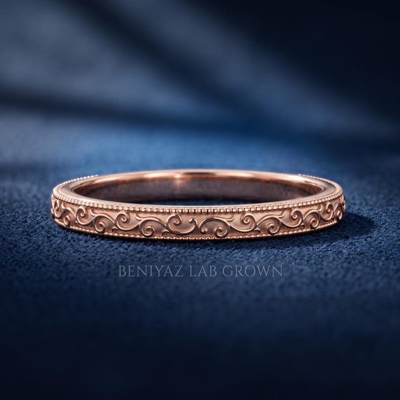 Rose gold vintage scroll engraved wedding band with fine milgrain border, slim dainty stacking ring, antique inspired bridal band.