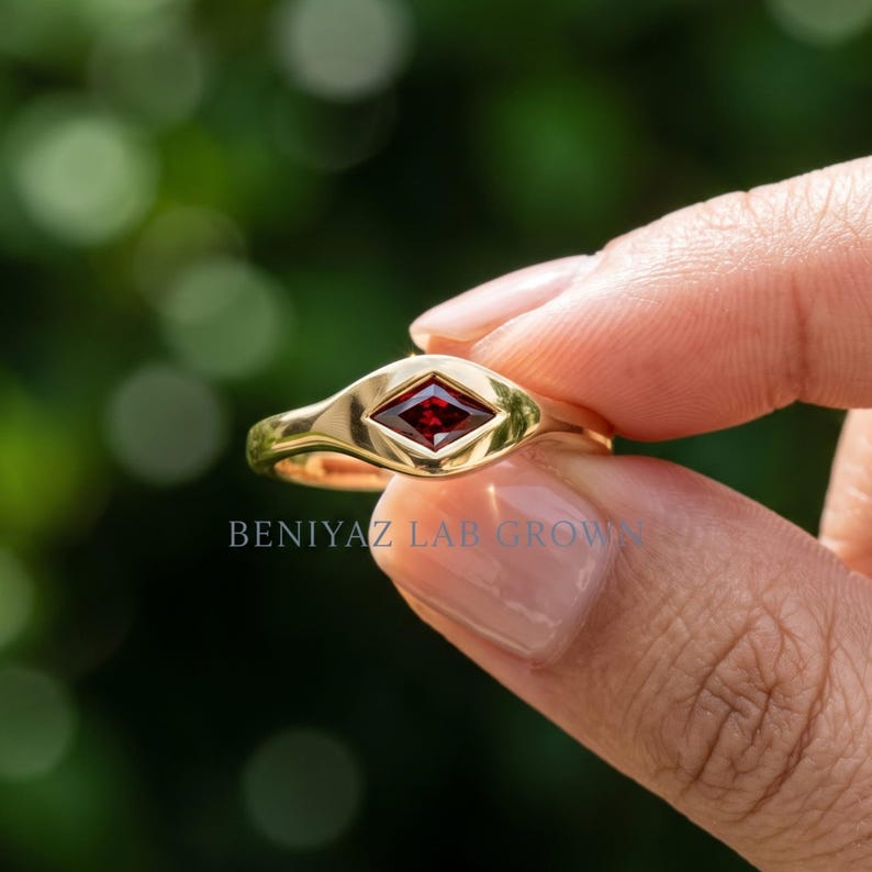 Signet Ring for Women, Red Lab Grown Diamond Signet