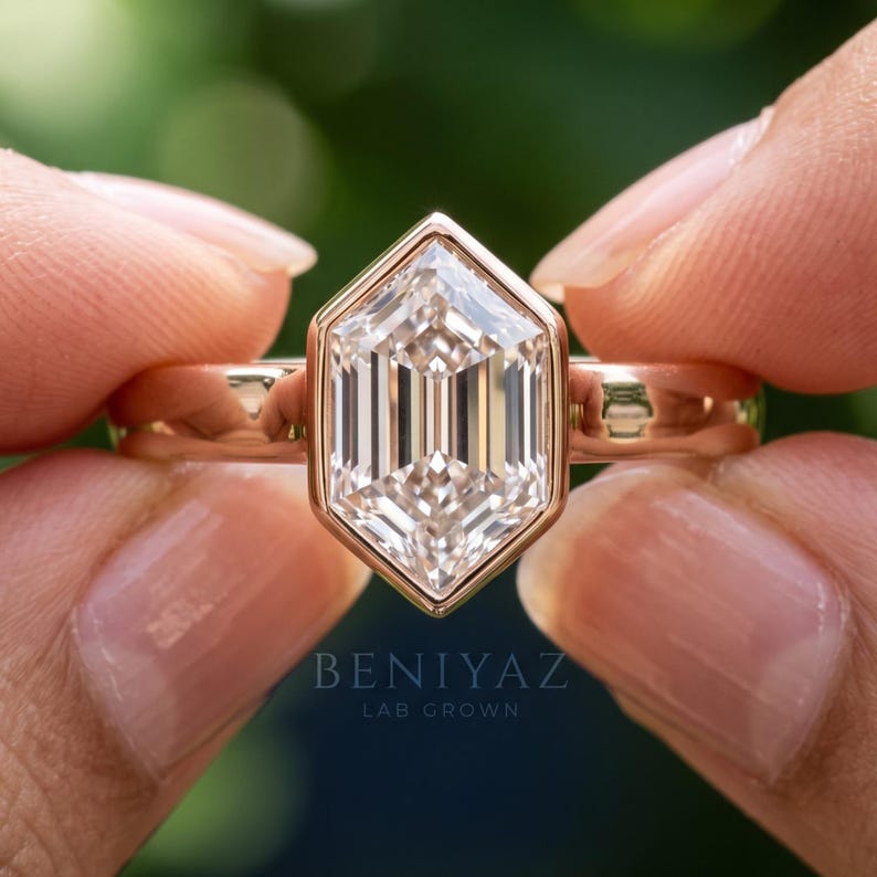 Bezel Engagement Ring, Hexagon Lab Grown Diamond Solitaire Ring