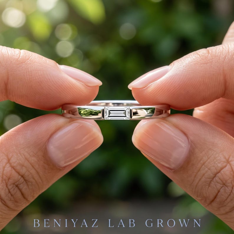 Baguette Lab Grown Diamond Wedding Band, 14K Gold Bar Set Solitaire Ring