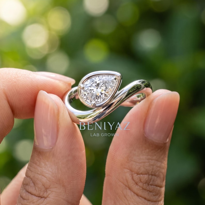 Pear Engagement Ring Lab Grown Diamond, Infinity Inspired Bypass Ring