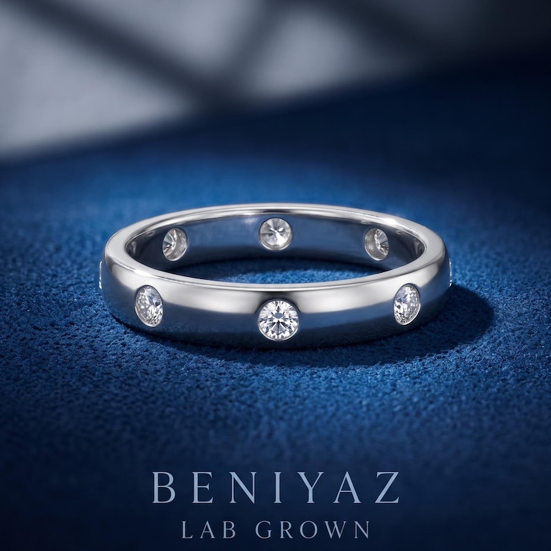 May include: A polished silver-toned band ring featuring multiple round, clear, bezel-set stones embedded along the outer circumference. The text BENIYAZ LAB GROWN is printed in white at the bottom of the image, centered below the ring.
