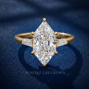 Front studio portrait of Dutch marquise lab grown diamond engagement ring with elongated 2 carat F VS1 center stone