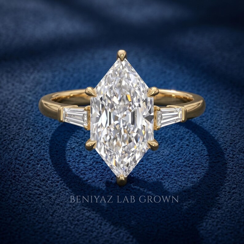 Front studio portrait of Dutch marquise lab grown diamond engagement ring with elongated 2 carat F VS1 center stone
