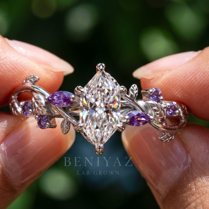 Nature Inspired Ring Dutch Marquise Lab Grown Diamond Engagement Ring with Purple Tanzanite Accents Art Deco Anniversary Gift Ring for Women