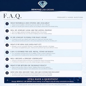 BENIYAZ jewelry FAQ covering lab grown diamonds, ring sizing, customization, shipping and customer support.