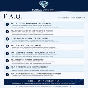 BENIYAZ jewelry FAQ covering ring sizing, customization, shipping, returns and customer support information.