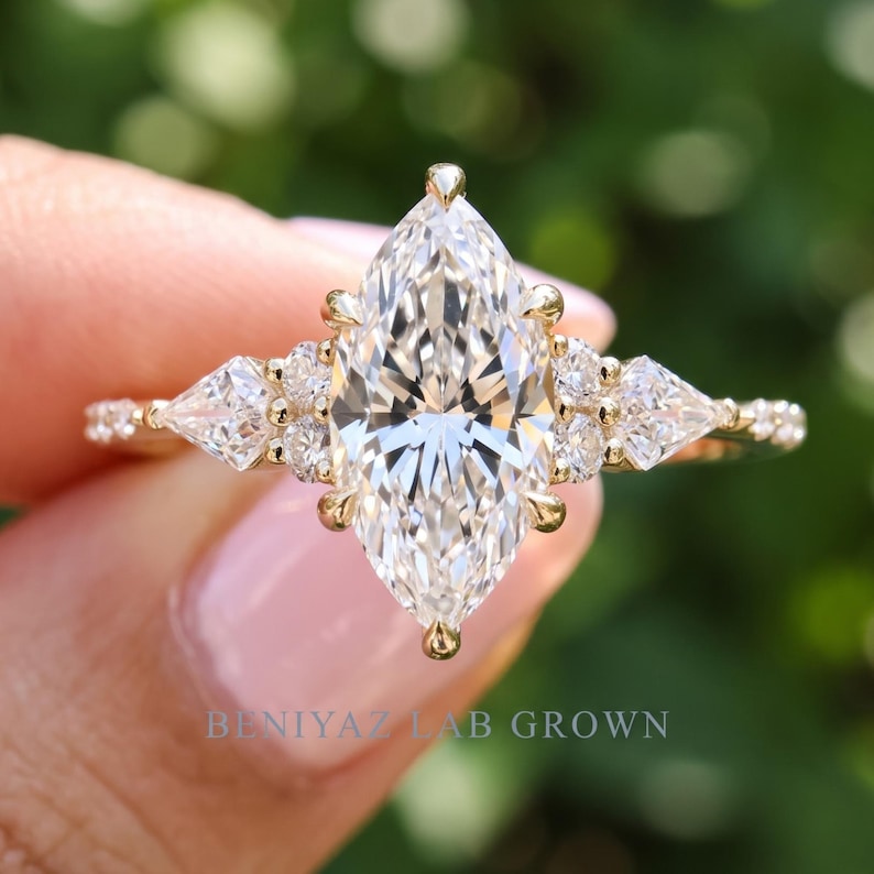 Marquise Engagement Ring, Lab Grown Diamond with Kite Side Stones