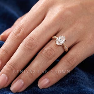 Vintage oval lab grown diamond engagement ring available in rose gold, yellow gold and white gold.