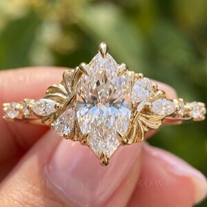 Marquise Diamond Ring, Lab Grown Diamond Engagement Ring, Art Deco Vintage Cluster Ring, 14K Solid Gold Unique Statement Ring image 4