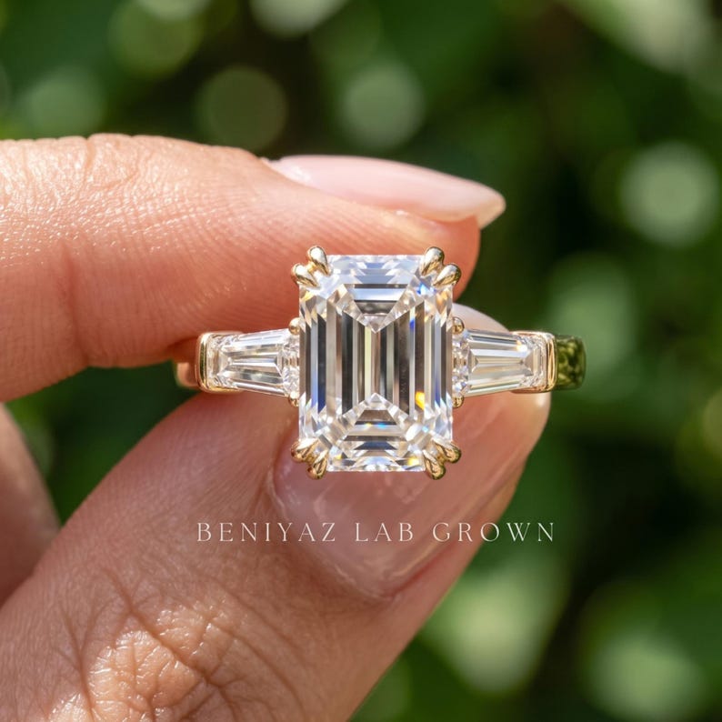 Emerald Cut Engagement Ring, Three Stone Lab Grown Diamond Ring