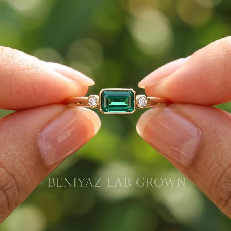 Lab Grown Emerald Ring, East West Emerald Cut Engagement Ring