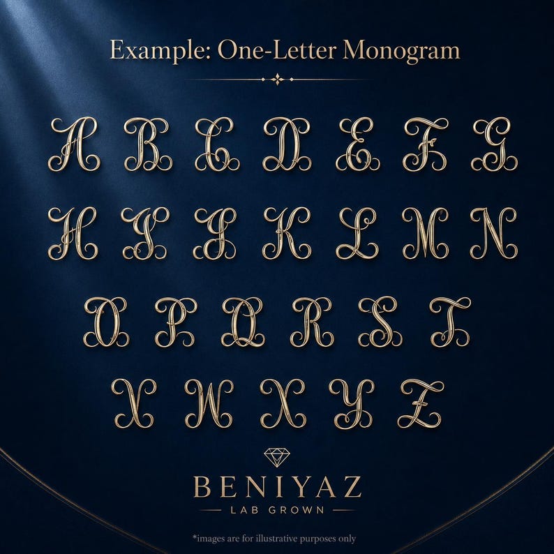 One-letter monogram engraving chart showing decorative initial options for a personalized oval signet ring.