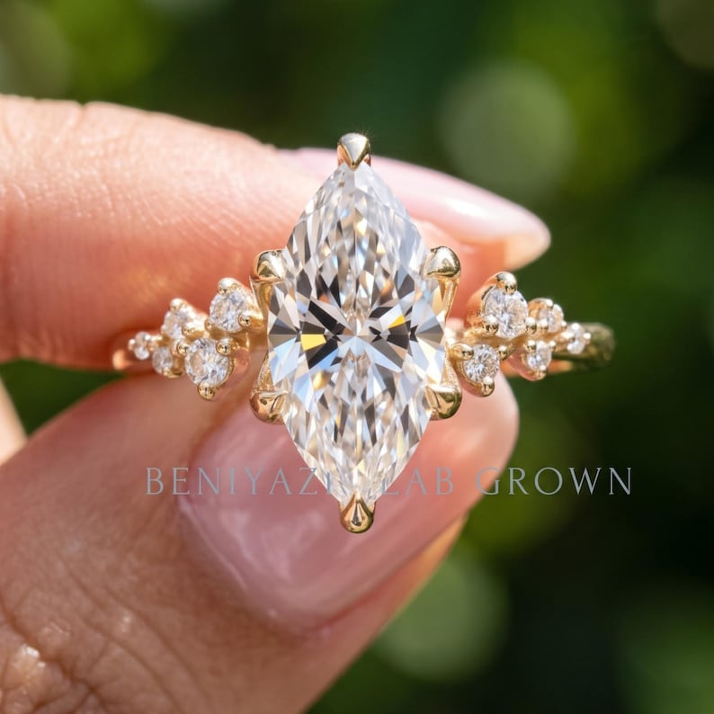 Marquise Engagement Ring, Vintage Lab Grown Diamond Engagement Ring