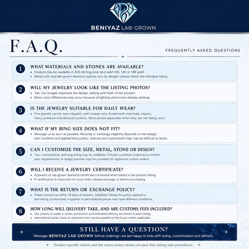 Beniyaz jewelry FAQ graphic covering lab grown diamonds, ring sizing, customization, shipping, returns and customer support.