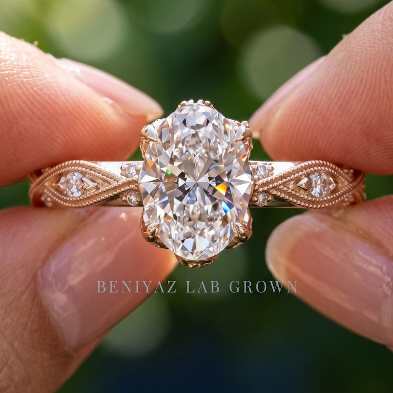 Hand holding a vintage oval lab grown diamond engagement ring in rose gold with milgrain detailing and marquise accent stones against a natural green background