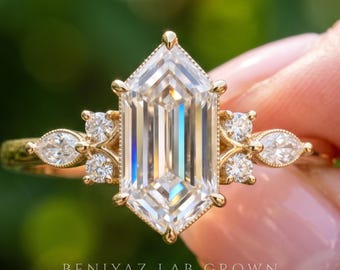 Dutch Marquise Step Cut Diamond Engagement Ring, Lab Grown Diamond Hexagon Cut Ring, Art Deco Inspired Multi Diamond  Ring, Gift For Her