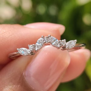 Curved Wedding Band, Marquise Lab Grown Diamond Stacking Ring, Dainty Minimalist 14K Gold Promise Ring, Unique Anniversary Gift for Her