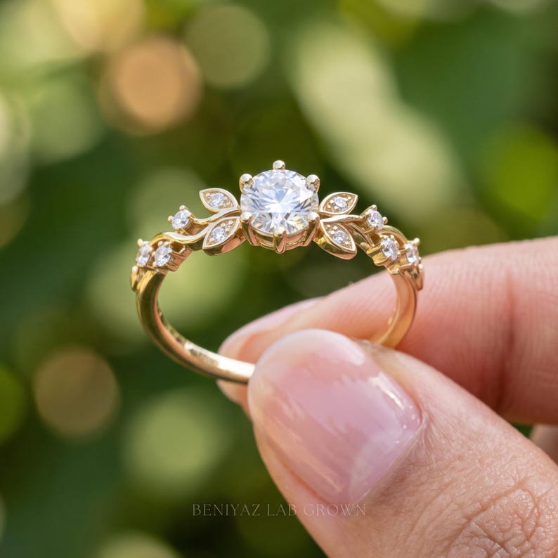 Side angle of nature inspired engagement ring showing the raised round lab grown diamond center, leaf details and slim 1.5 mm band.