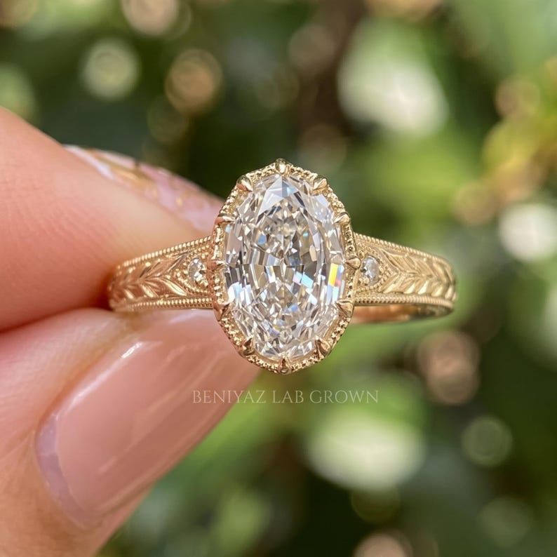 Oval Moissanite Ring, Vintage Engraved Engagement Ring