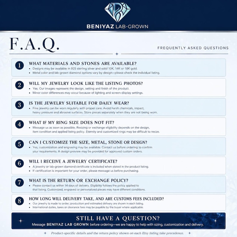 Puede incluir: Un gr&aacute;fico informativo azul oscuro titulado F.A.Q. Frequently Asked Questions para joyer&iacute;a Beniyaz Lab-Grown. Enumera ocho puntos numerados que cubren materiales, apariencia, uso diario, tallas, personalizaci&oacute;n, certificados, devoluciones y entrega.