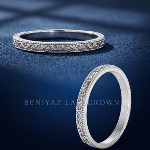 White gold vintage engraved band with scroll pattern and milgrain edges, slim stackable ring, timeless wedding band for women.