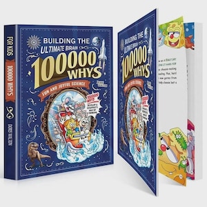 May include: A hardcover book titled Building the Ultimate Brain 100000 Whys Fun and Joyful Science by Doris Walton. The blue cover features a cartoon illustration of animals on a roller coaster, a rocket, and a dinosaur. Interior pages show colorful cartoon cheese characters and text.
